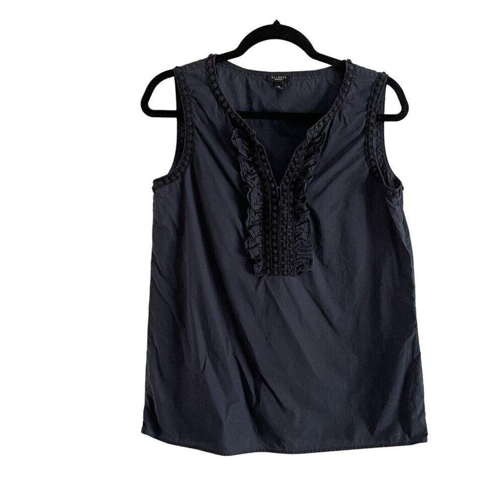 Talbots Women SZ M Navy Blue Sleeveless Ric Rac & Ruffle Trim V-Neck Blouse